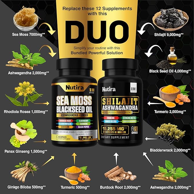 Sea Moss & Shilajit Multivitamin Bundle - Sea Moss 7000mg, Shilajit 9000mg, Black Seed Oil 4000mg, Ashwagandha 2000mg, Ginger & Rhodiola Rosea 1000mg, All in 1 Supplements (60 Count) (1 Pack)