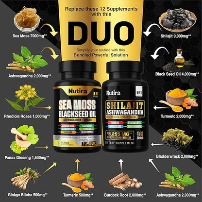 Sea Moss & Shilajit Multivitamin Bundle - Sea Moss 7000mg, Shilajit 9000mg, Black Seed Oil 4000mg, Ashwagandha 2000mg, Ginger & Rhodiola Rosea 1000mg, All in 1 Supplements (60 Count) (1 Pack)