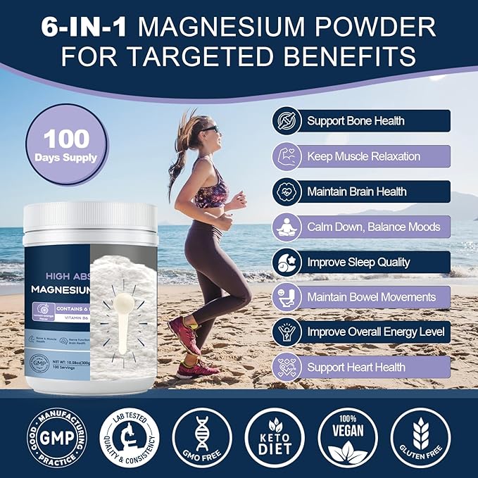 Magnesium Powder Supplement with Glycinate, Citrate, Malate, Magnesium Complex with L-Theanine & Vitamin B6 for Muscle, Heart & Brain, Vegan, Non GMO, 10.58 oz (100 Servings), Lemon Orange Flavor