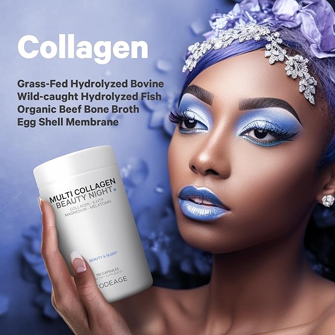 Codeage Multi Collagen Protein Beauty Night - Melatonin, Magnesium Bisglycinate, 5-HTP, L-Theanine, English Lavender Flower, Bone Broth - Vitamins - Supplement - Sleep Pills - Non-GMO - 150 Capsules