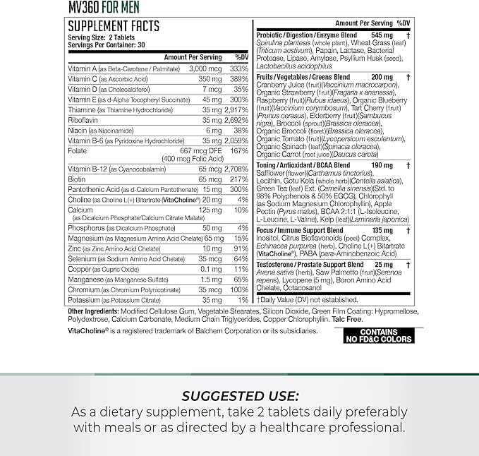 NDS Nutrition MV360 For Men, 5-in-1 Complete Multivitamin for Men with Essential Mens Vitamins for Energy, Digestion, Toning, Immune Support, and Mens Health & Vitality, 60 Tablets, 30 Servings