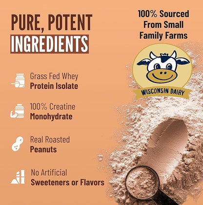 B.rad Grass-Fed Whey Protein Isolate Powder with Creatine | All-Natural, Ultra-Pure, Clean Ingredients | 100% USA-Sourced Superfuel | 2 Pounds | Peanut Butter