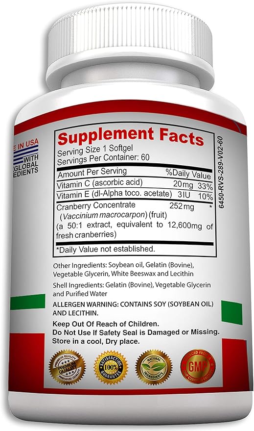 Non GMO Cranberry Concentrate Supplement Pills for Urinary Tract Infection UTI. Equals 12600mg Cranberries. Triple Strength for Men and Women, Easy to Swallow Softgels 1 Bottle