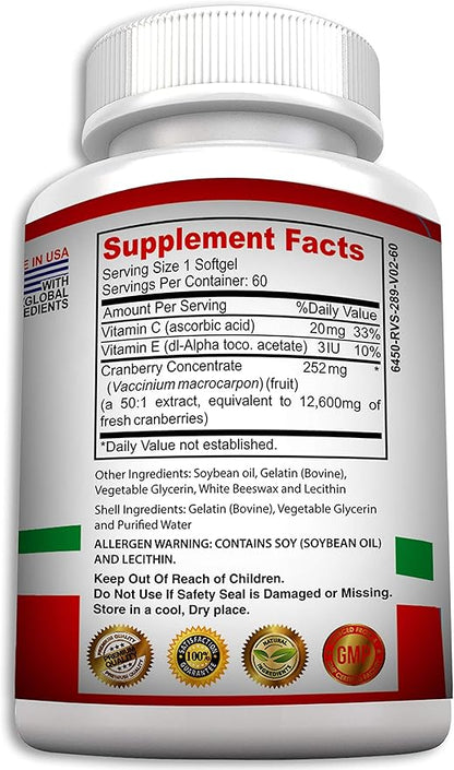 Non GMO Cranberry Concentrate Supplement Pills for Urinary Tract Infection UTI. Equals 12600mg Cranberries. Triple Strength for Men and Women, Easy to Swallow Softgels 1 Bottle