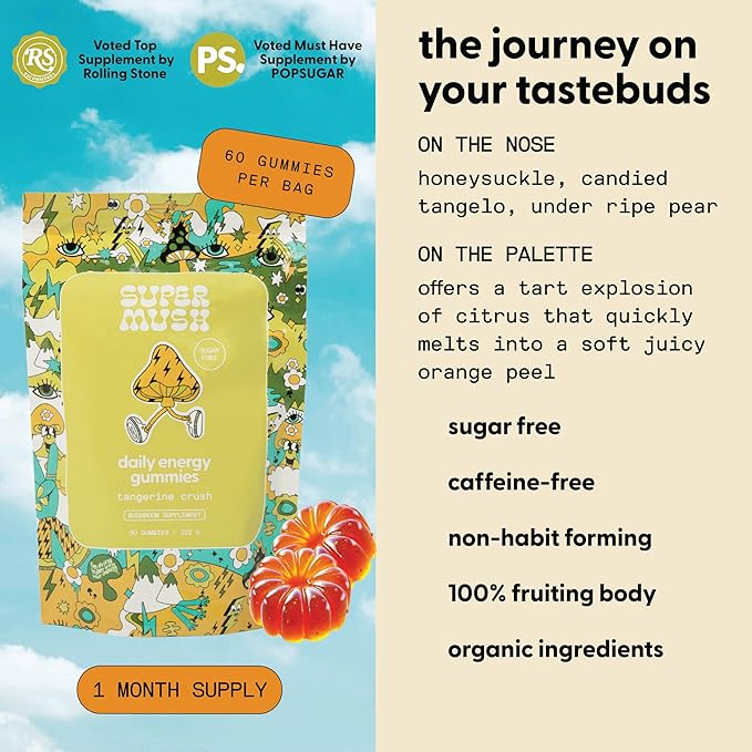 SuperMush Energy Mushroom Gummies - Organic Lions Mane Supplement with Cordyceps, Rhodiola, L-Theanine, Maca - Vegan & Sugar-Free - Energy, Focus, Stamina, Stress Reduction - 60 Gummies (30 Servings)