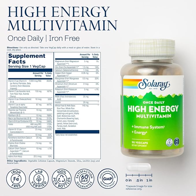 SOLARAY Once Daily High Energy Multivitamin, Iron Free, Immune System and Energy Support, Whole Food and Herb Base Ingredients, Men’s and Women’s Multi Vitamin (90 Servings, 90 VegCaps)