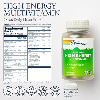 SOLARAY Once Daily High Energy Multivitamin, Iron Free, Immune System and Energy Support, Whole Food and Herb Base Ingredients, Men’s and Women’s Multi Vitamin (90 Servings, 90 VegCaps)