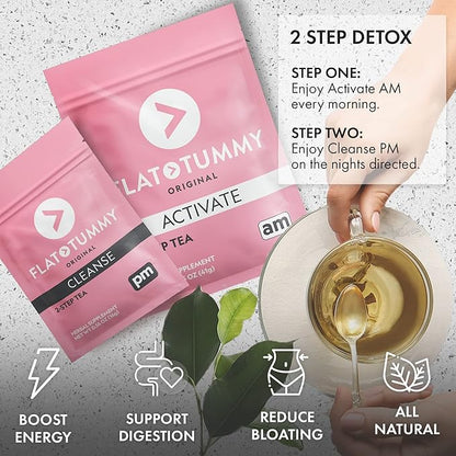 Flat Tummy Tea – 2-step, 4 Week Program – Detox Tea to Boost Energy & Reduce Bloating* - All Natural Detox Cleanse w/ Green Tea, Lemon Balm, Dandelion, Fennel, & More - Digestion support