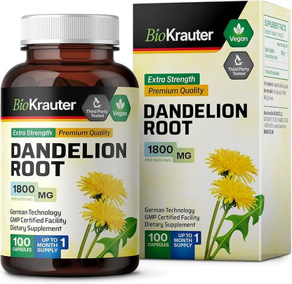 BIO KRAUTER Dandelion Root Capsules - 1800 mg Strength - 100 Count - Dandelion Root Supplement - Vegan Dandelion Powder Capsules for Digestion, Liver Support, Cleansing and Immunity