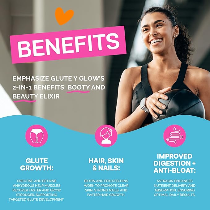 Glute Y Glow, Creatine for Women 2-in-1 Booty & Beauty Elixir W/Creatina para Glúteos┃Supports Faster Hair Growth, Stronger Nails & Glowing Skin - Horchata Flavor