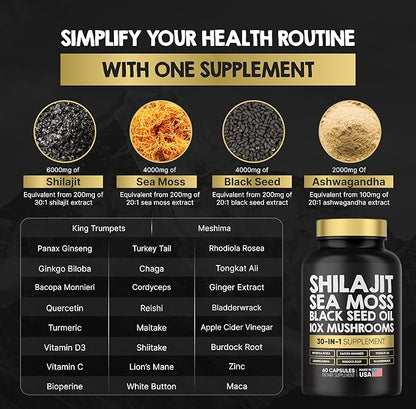 Power Blend Capsules - 30-in-1 Supplement Bundle with Shilajit 6000mg, Sea Moss 4000mg, Black Seed Oil 4000mg, Ashwagandha 2000mg, 10x Mushrooms, Tongkat Ali, Maca, Holistic Pills Combo