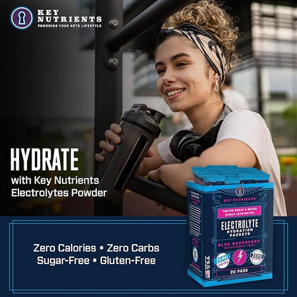 KEY NUTRIENTS Electrolytes Powder Packets - Delicious Blue Raspberry 20 Pack Hydration Packets - Travel Hydration Powder - Made in USA - No Sugar, No Calories, Gluten Free