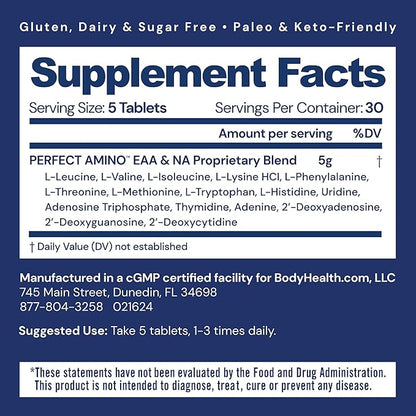 BodyHealth PerfectAmino Tablets, (3-Pack) Essential Amino Acid with BCAAs + Lysine, Phenylalanine, Threonine, Methionine, Tryptophan, Supplement for Muscle Mass Production, Recovery & Strength