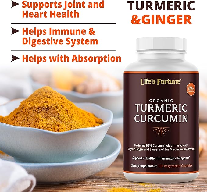Life's Fortune Organic Turmeric Curcumin with Black Pepper and Ginger, Enhanced Absorption, Extra Strength Supplement, Joint & Immune Support, Non-GMO, 90 Cap - 2250mg