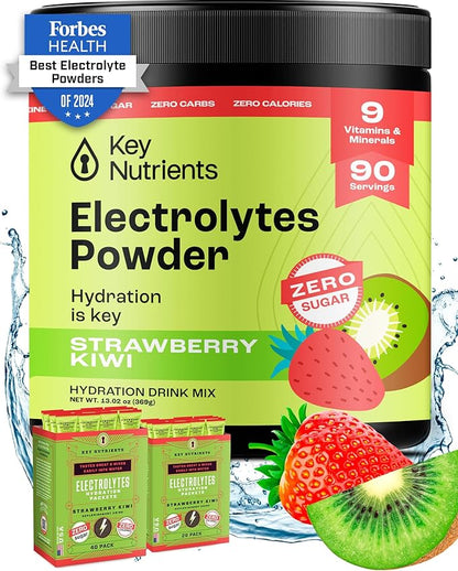 KEY NUTRIENTS Multivitamin Electrolytes Powder No Sugar - Juicy Strawberry Kiwi Electrolyte Powder - Endurance & Energy Supplement - Hydration Powder - No Calories - 90 Servings - Made in USA