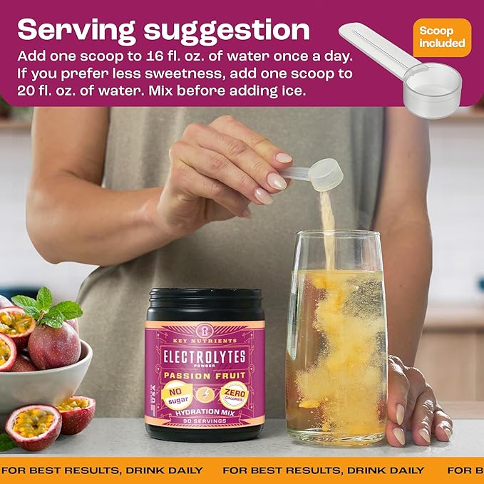 KEY NUTRIENTS Multivitamin Electrolytes Powder No Sugar - Delicious Passion Fruit Electrolyte Powder - Endurance & Energy Supplement - Hydration Powder - No Calories - 90 Servings - Made in USA