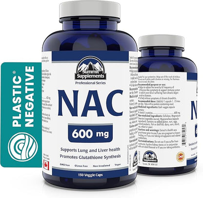 Summit Supplements - NAC Supplement 600mg, Nac n-Acetyl cysteine, Supports Antioxidant Glutathione Levels, Immune System Support, Liver Support - Product of Canada - 150 Capsules