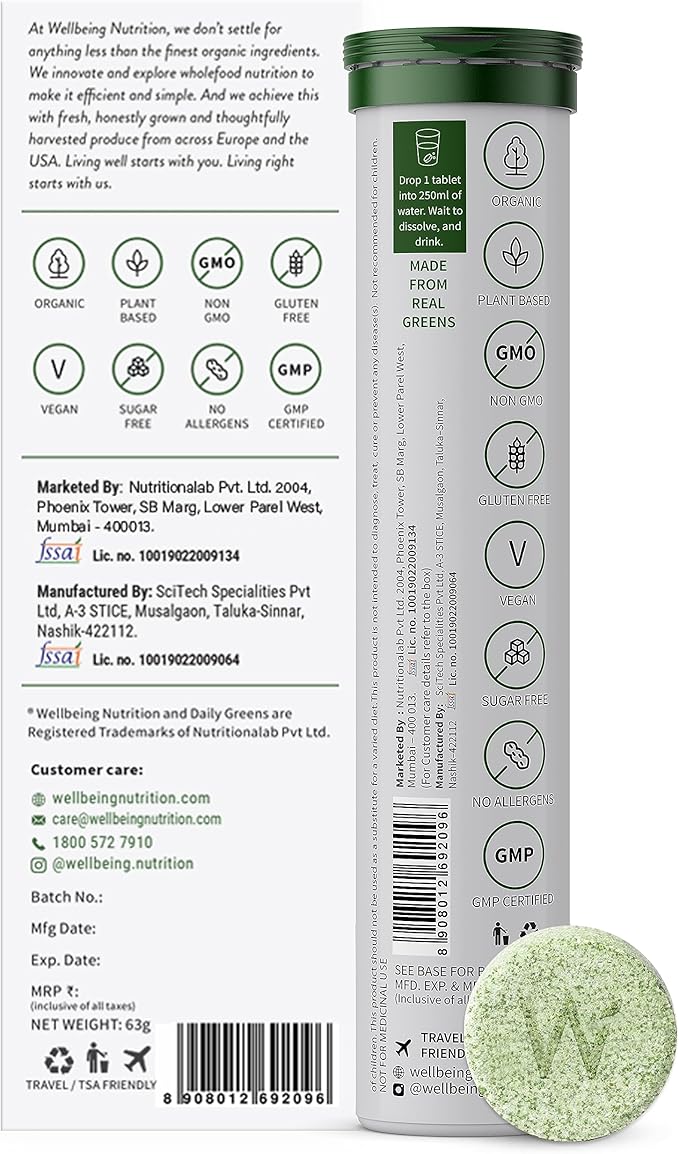 WELLBEING NUTRITION Daily Greens, Wholefood Multivitamin with Vitamin C, Zinc, B6, B12 for Immunity and Detox with 39+ Organic Certified Plant Superfoods & Antioxidants(15Tabs x 2) (63 g (Pack of 2))
