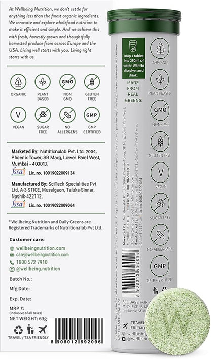 WELLBEING NUTRITION Daily Greens, Wholefood Multivitamin with Vitamin C, Zinc, B6, B12 for Immunity and Detox with 39+ Organic Certified Plant Superfoods & Antioxidants(15Tabs x 2) (63 g (Pack of 2))