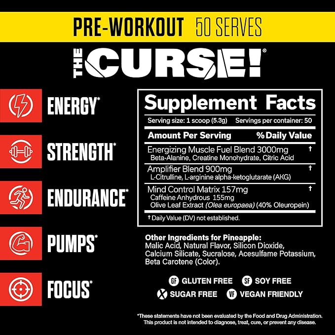 JNX SPORTS The Curse! Pre Workout Powder - Pineapple 50 Servings | Preworkout: Boost Strength, Energy + Focus for Men & Women | Caffeine, Beta-Alanine, Creatine & L-Citrulline