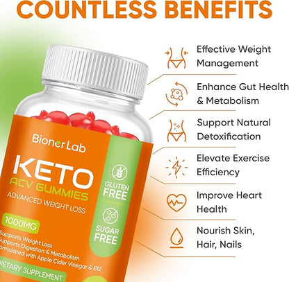 Keto ACV Gummies for Advanced Weight Loss Rapid Belly Fat Burn - Sugar Gluten Free Pro Active Super Apple Cider Vinegar Diet Supplement for Men Women - Digestion Metabolism Hair Skin Health (1000MG)