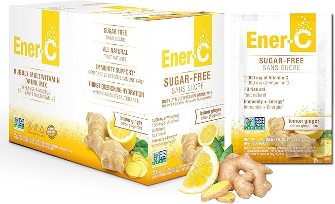 Ener-C Sugar Free Lemon Ginger Multivitamin Drink Mix, 1000mg Vitamin C, Non-GMO, Vegan, Real Fruit Juice Powders, Natural Immunity Support, Electrolytes, Gluten Free, 1-Pack of 30