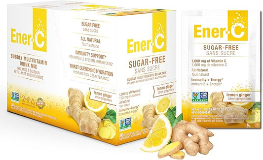 Ener-C Sugar Free Lemon Ginger Multivitamin Drink Mix, 1000mg Vitamin C, Non-GMO, Vegan, Real Fruit Juice Powders, Natural Immunity Support, Electrolytes, Gluten Free, 1-Pack of 30