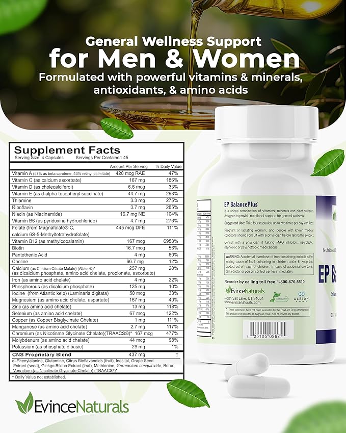 Multivitamin for Adults - EP BalancePlus Multivitamin for Men & Women - Packed with Vitamins and Minerals, Methyl Folate & Amino Acids - Nutritional Support for General Wellness, 180 Capsules