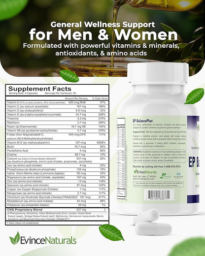 Multivitamin for Adults - EP BalancePlus Multivitamin for Men & Women - Packed with Vitamins and Minerals, Methyl Folate & Amino Acids - Nutritional Support for General Wellness, 180 Capsules