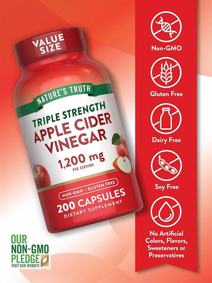 Nature's Truth Apple Cider Vinegar Capsules | 1200mg | 200 Pills | Extra Strength | Value Size | Non-GMO, Gluten Free Supplement