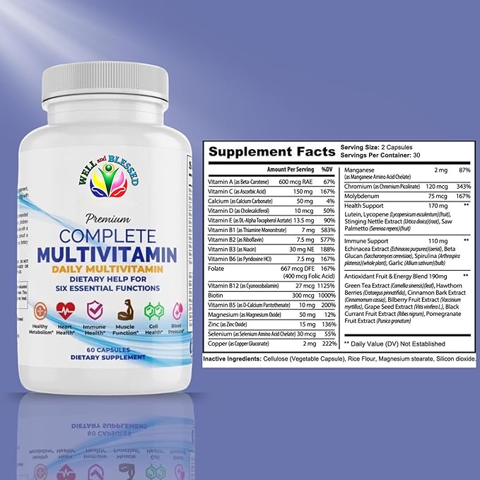 Complete Daily Multivitamins Supplement - 60 Capsules - Essential Vitamins & Minerals - Immune, Heart and Support - Suitable for Both Men and Women