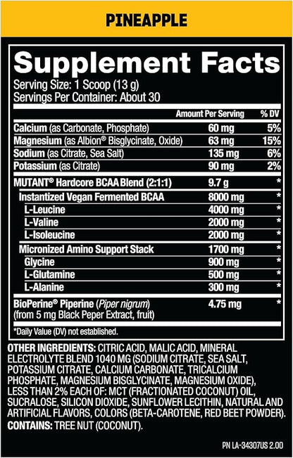 Mutant Hardcore BCAA - Pre, Intra or Post Workout – BCAA Next Level branched-Chain Amino Acids Supplement – Hydration + Recovery - 30 Serving - Pineapple