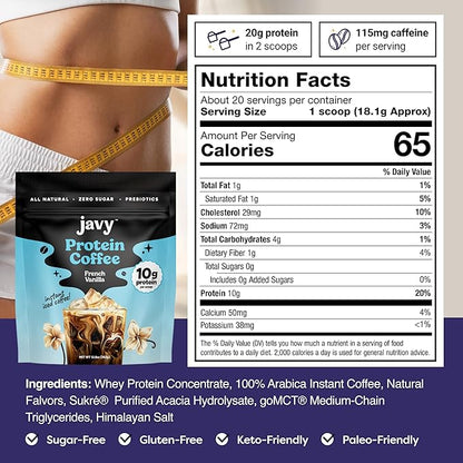 Javy French Vanilla Protein Coffee - Premium Whey Protein & Instant Iced Coffee - 100% Arabica Coffee - Zero Artificial Flavors & Sweeteners, 20 Servings