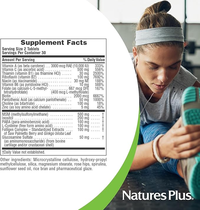 Natures Plus Ultra Hair, Sustained Release - 60 Vegetarian Tablets - Natural Hair Growth Supplement for Men & Women - Longer, Thicker Hair - Gluten-Free - 30 Servings