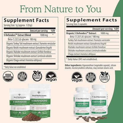 Real Mushrooms 5 Defenders Powder - Organic Mushroom Extract w/ Chaga, Shiitake, Maitake, Turkey Tail, & Reishi - Mushroom Supplement - Vegan, Non-GMO, 45 Servings