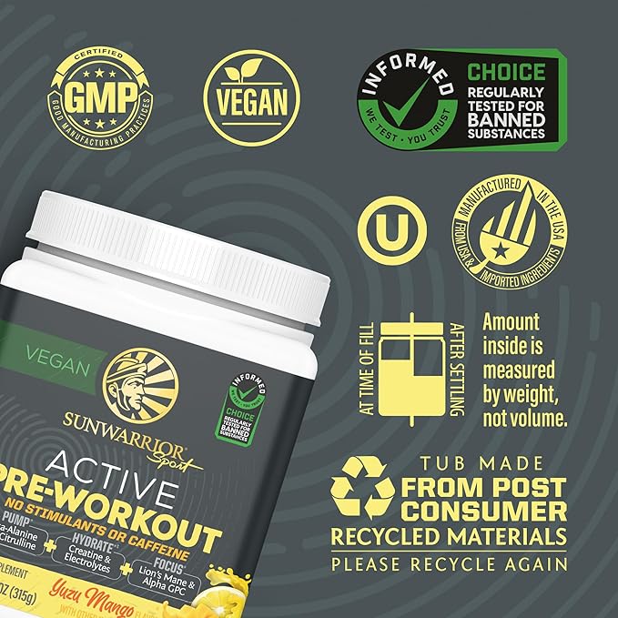 Pre Workout Powder Energy Drink Non-Stim & Caffeine Free | Vegan Plant-Based Pre-Workout Supplement | Pump Hydrate Focus Endurance & Strength Builder | Yuzu Mango Flavored 30 Serving Active Preworkout