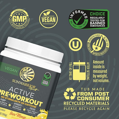 Pre Workout Powder Energy Drink Non-Stim & Caffeine Free | Vegan Plant-Based Pre-Workout Supplement | Pump Hydrate Focus Endurance & Strength Builder | Yuzu Mango Flavored 30 Serving Active Preworkout