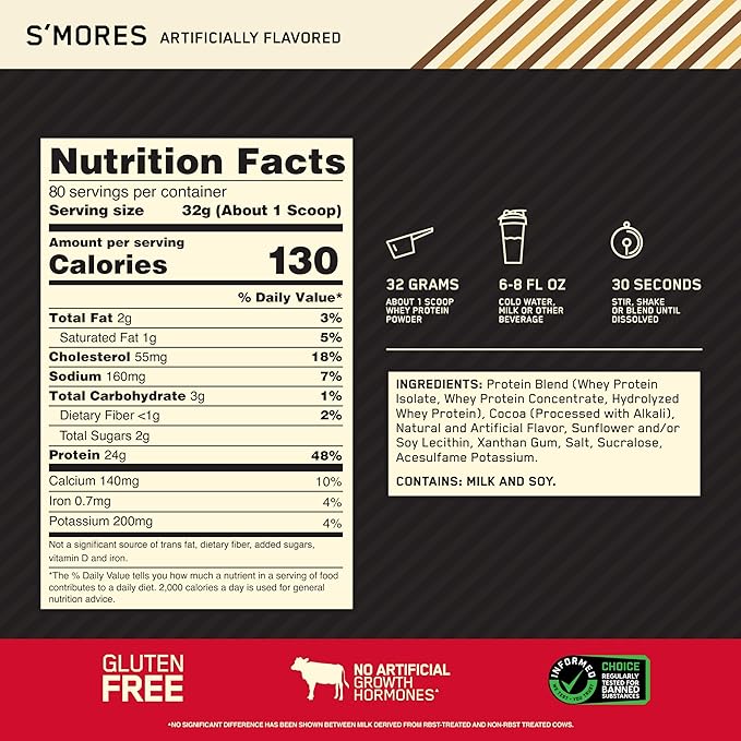 Optimum Nutrition 100% Gold Standard Whey Protein Powder - Protein Powder with a Blend of Hydrolyzed, Isolate and Whey Protein - Protein Powder for Muscle Recovery - S'Mores, 5.64 lb (80 Servings)