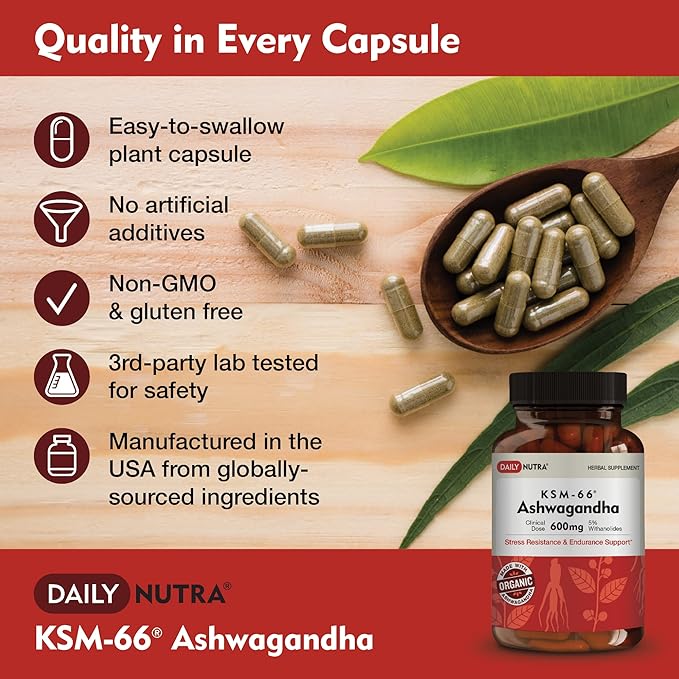 KSM-66 Ashwagandha 600mg Organic Root Extract - High Potency Supplement with 5% Withanolides | Supports Relaxation, Focus, & Energy (90 Capsules)