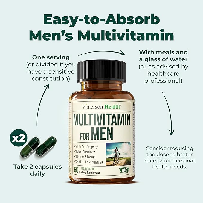 Multivitamin for Men - Daily Mens Multivitamins & Multiminerals with Vitamin A, C, D, E, B12, Zinc, Iron. Essential Vitamins for Men - Mens Vitamins for Energy, Focus & Mens Health. 60 Liquid Capsules