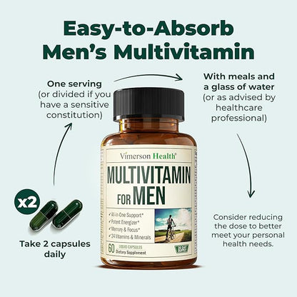 Multivitamin for Men - Daily Mens Multivitamins & Multiminerals with Vitamin A, C, D, E, B12, Zinc, Iron. Essential Vitamins for Men - Mens Vitamins for Energy, Focus & Mens Health. 60 Liquid Capsules