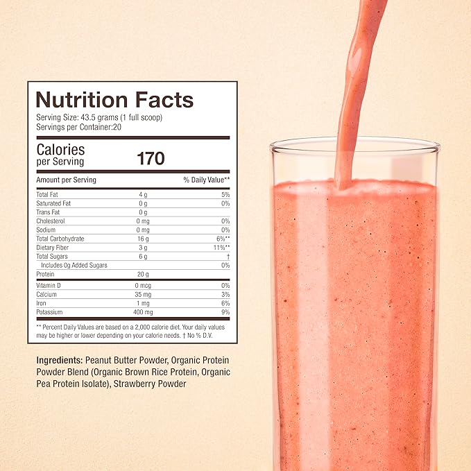 Only 4 Ingredients - No Stevia, No Monk Fruit, No Artificial Sweeteners - Strawberry Peanut Butter Protein Powder, All Natural, Sweetened with Berries (20g of Protein, 20 Servings)