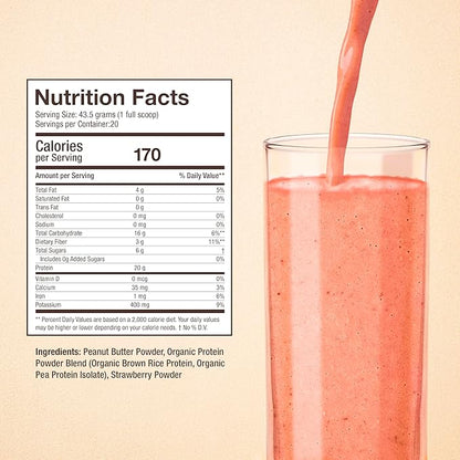 Only 4 Ingredients - No Stevia, No Monk Fruit, No Artificial Sweeteners - Strawberry Peanut Butter Protein Powder, All Natural, Sweetened with Berries (20g of Protein, 20 Servings)