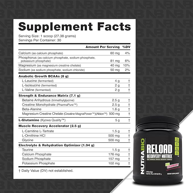 NutraBio Reload - Powerful Muscular Recovery Formula - Post-Workout Supplement - 3G Creatine - 8G BCAAs - 5G Glutamine - 30 Servings, Kiwi Strawberry
