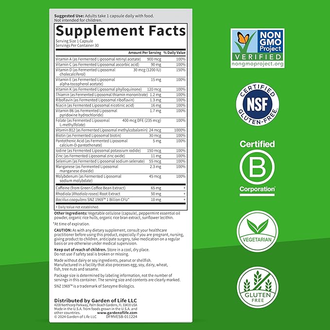 Garden of Life Dr. Formulated Multi+ Energy Support: Fermented Liposomal Multivitamin + Green Coffee Bean Extract, Rhodiola & Probiotics - Boost Energy, Support Digestion & Immune Health, 30 Capsules