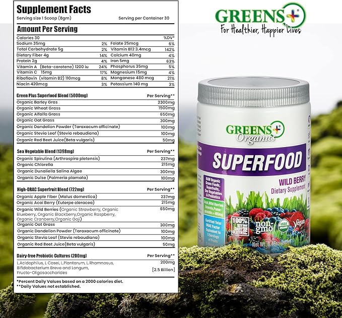 Greens+ Organic Wild Berry Superfood Powder, Antioxidant Polyphenol, Blend for Morning Kick, Energy, Vitality Boost, Nutrition, Vibrant Health, Dietary Supplement, Vegan Soy/Dairy/Gluten Free(8.46oz)