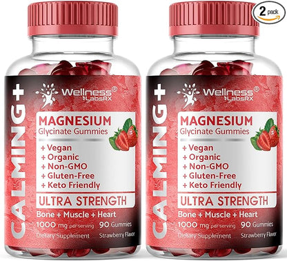 Magnesium Glycinate Gummies - 1000 mg - Magnesium Supplement to Support Relaxation, Stress Relief, Heart Health - Chewable Magnesium Gummies for Adults - Strawberry Flavor