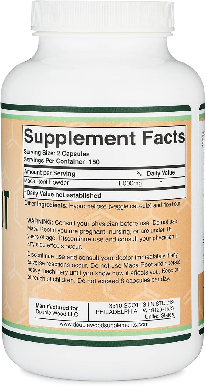 Maca Root Capsules for Women and Men, 300 Count (1,000mg of Black, Red, Yellow Maca Powder per Serving) Grown in Peru (for Energy, Performance, Motivation) by Double Wood