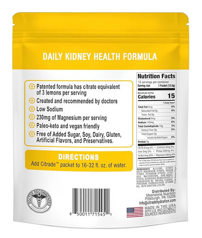 Citrade Hydration Electrolyte Powder Sticks, No Added Sugar, Gluten Free, Keto Electrolytes Drink Mix with Magnesium & Potassium, Single Serve Travel Packets for Water Bottle, 15 Packs, Lemonade