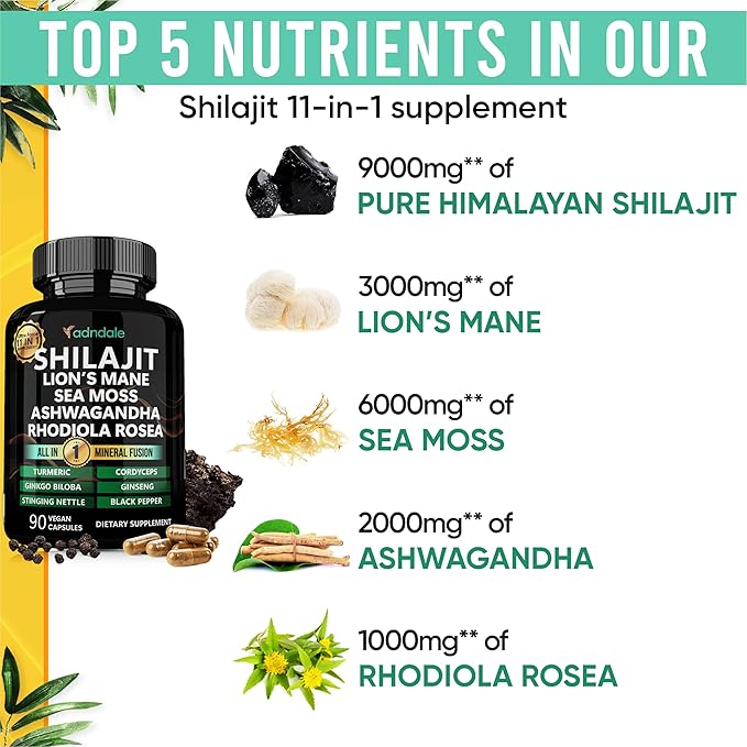 Shilajit for Men 11-in-1 Pure Himalayan Organic Shilajit Capsules with Sea Moss Ashwagandha Rhodiola Rosea Panax Ginseng Turmeric Lion’s Mane Ginkgo. Shilajit Capsules for Women.